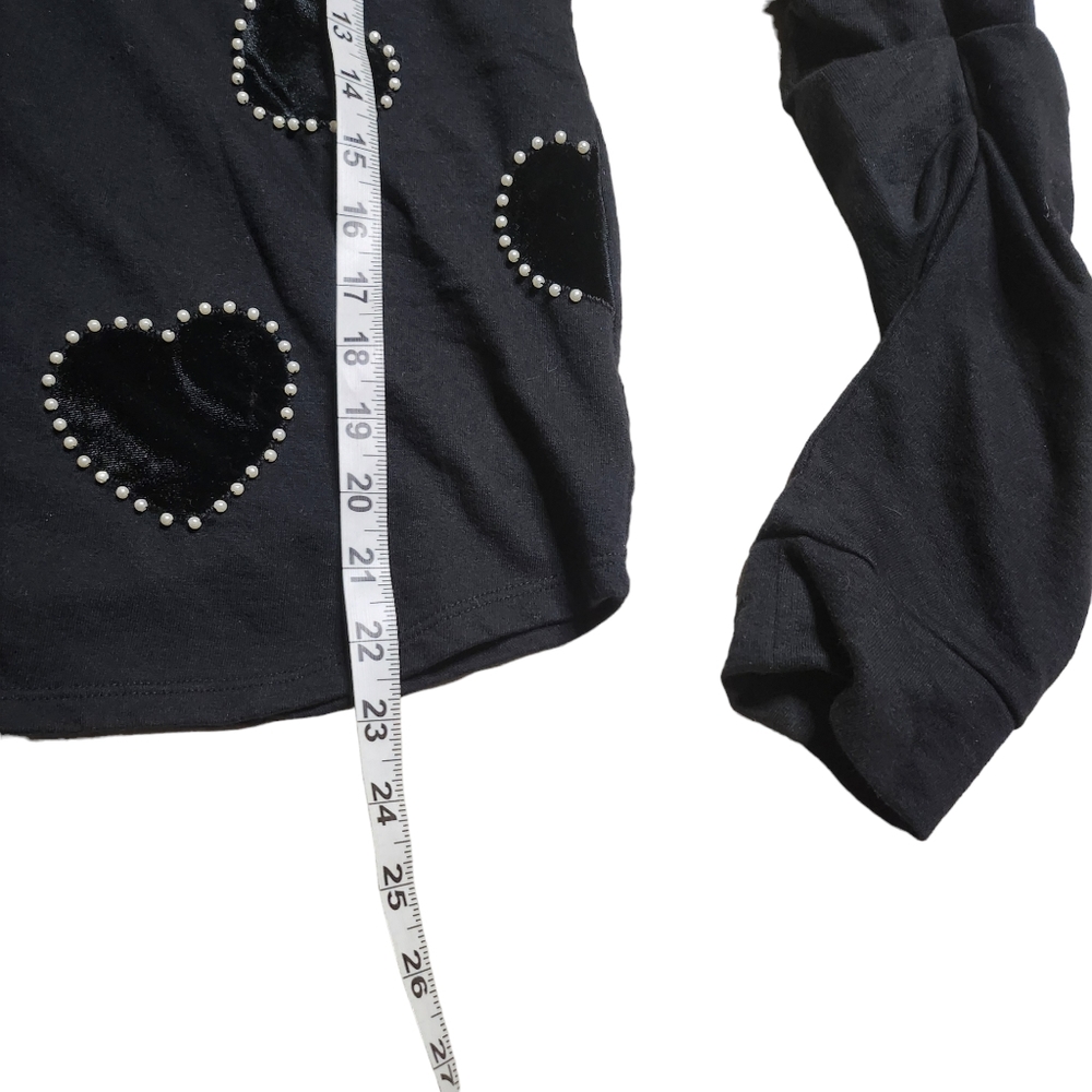 INC Women's Black w/Pearl outlined Velvet Hearts Valentine's Long-Sleeve Top SP - Picture 6 of 7